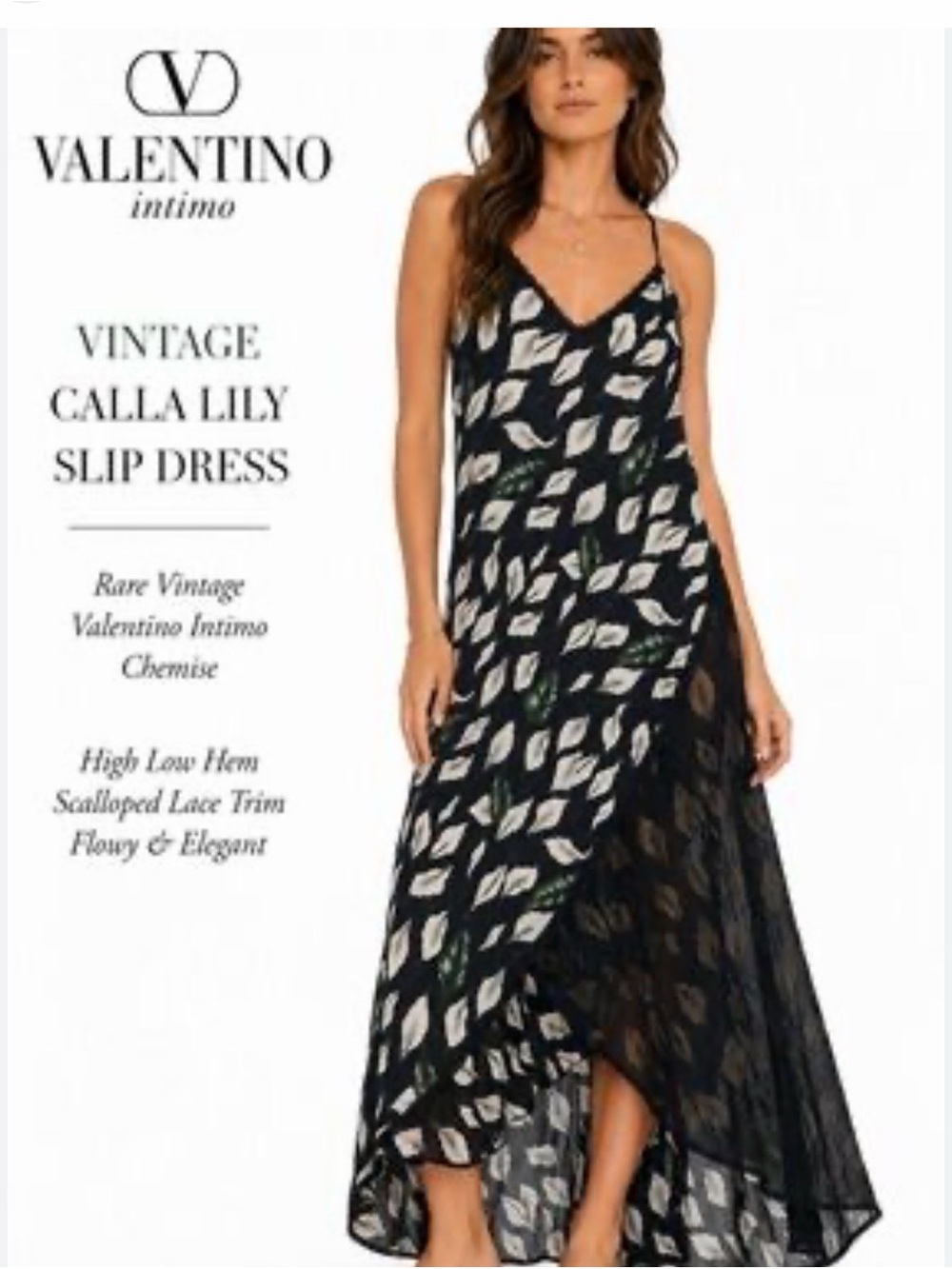 Valentino Black Calla Lily High-Low Slip Dress